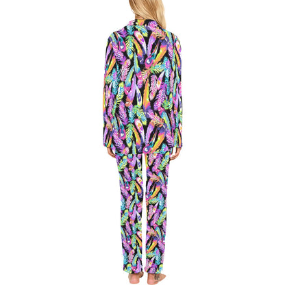 Neon Feather Pattern Print Design A02 Women's Long Pajama Set