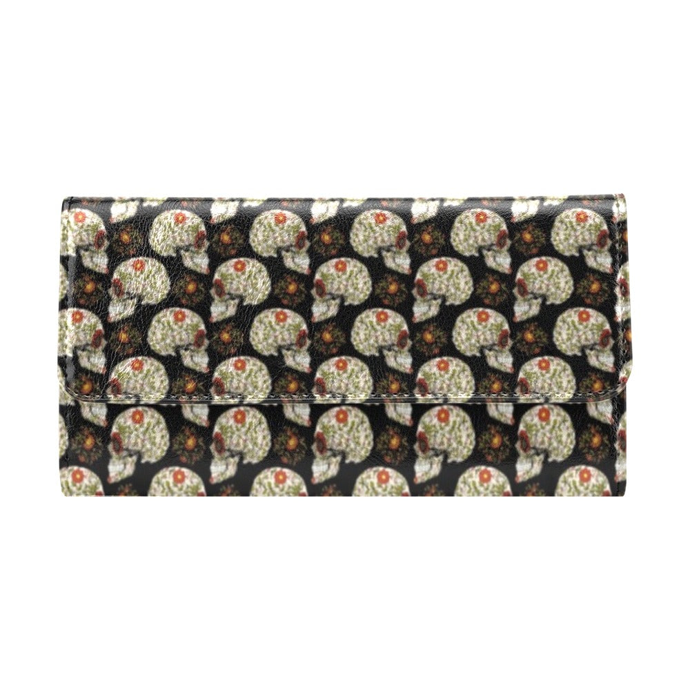 Sugar Skull Flower Design Themed Print Women's Trifold Wallet