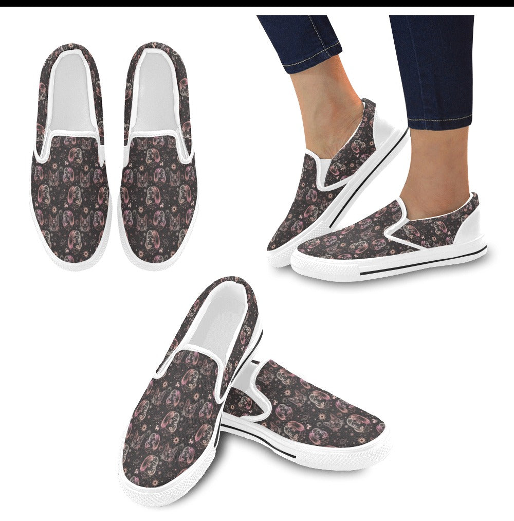 Third Eye Girl Cat Print Design LKS305 White Slip Ons Canvas Women's Shoes