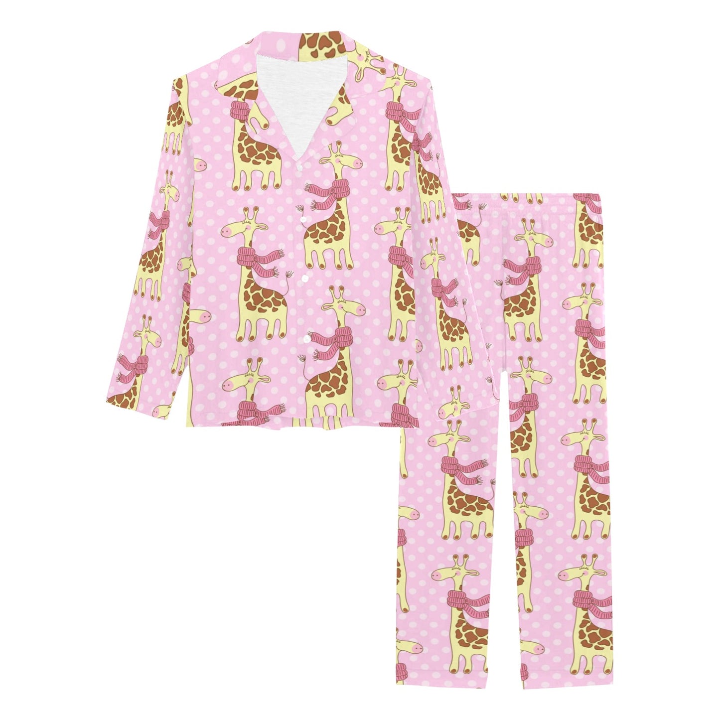 Giraffe Cute Pink Polka Dot Print Women's Long Pajama Set