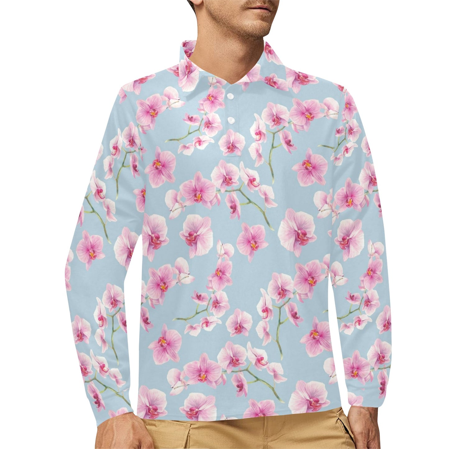 Orchid Pink Pattern Print Design OR01 Long Sleeve Polo Shirt For Men's