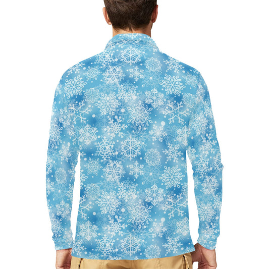 Snowflake Blue Print Design LKS301 Long Sleeve Polo Shirt For Men's