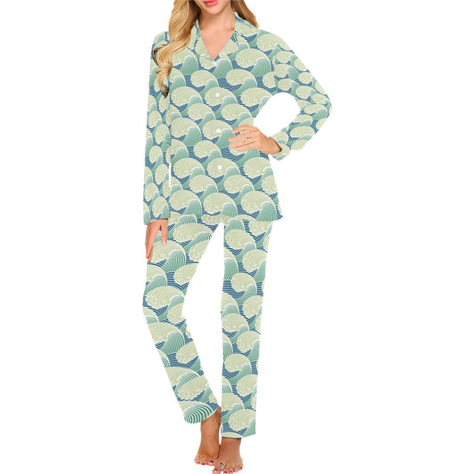 Wave Japan Style Print Design LKS302 Women's Long Pajama Set