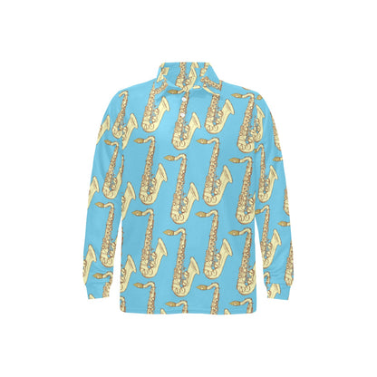 Saxophone Pattern Print Design 03 Long Sleeve Polo Shirt For Men's