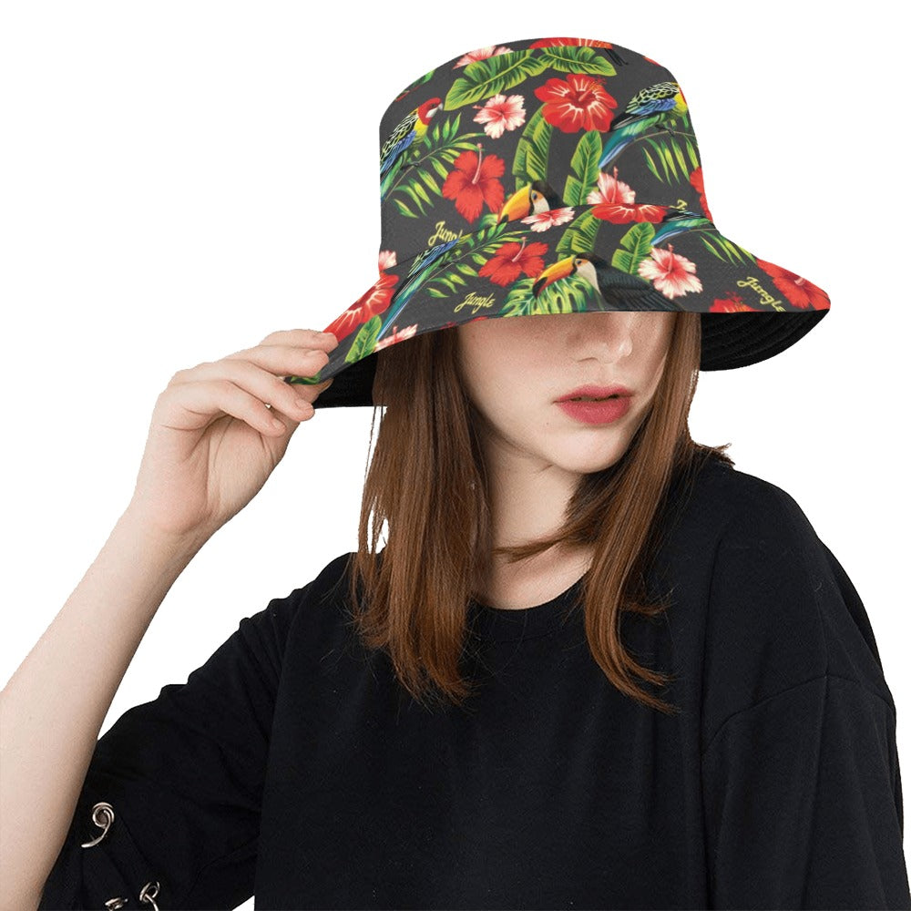 Hibiscus Red With Parrotprint Design LKS303 Unisex Bucket Hat
