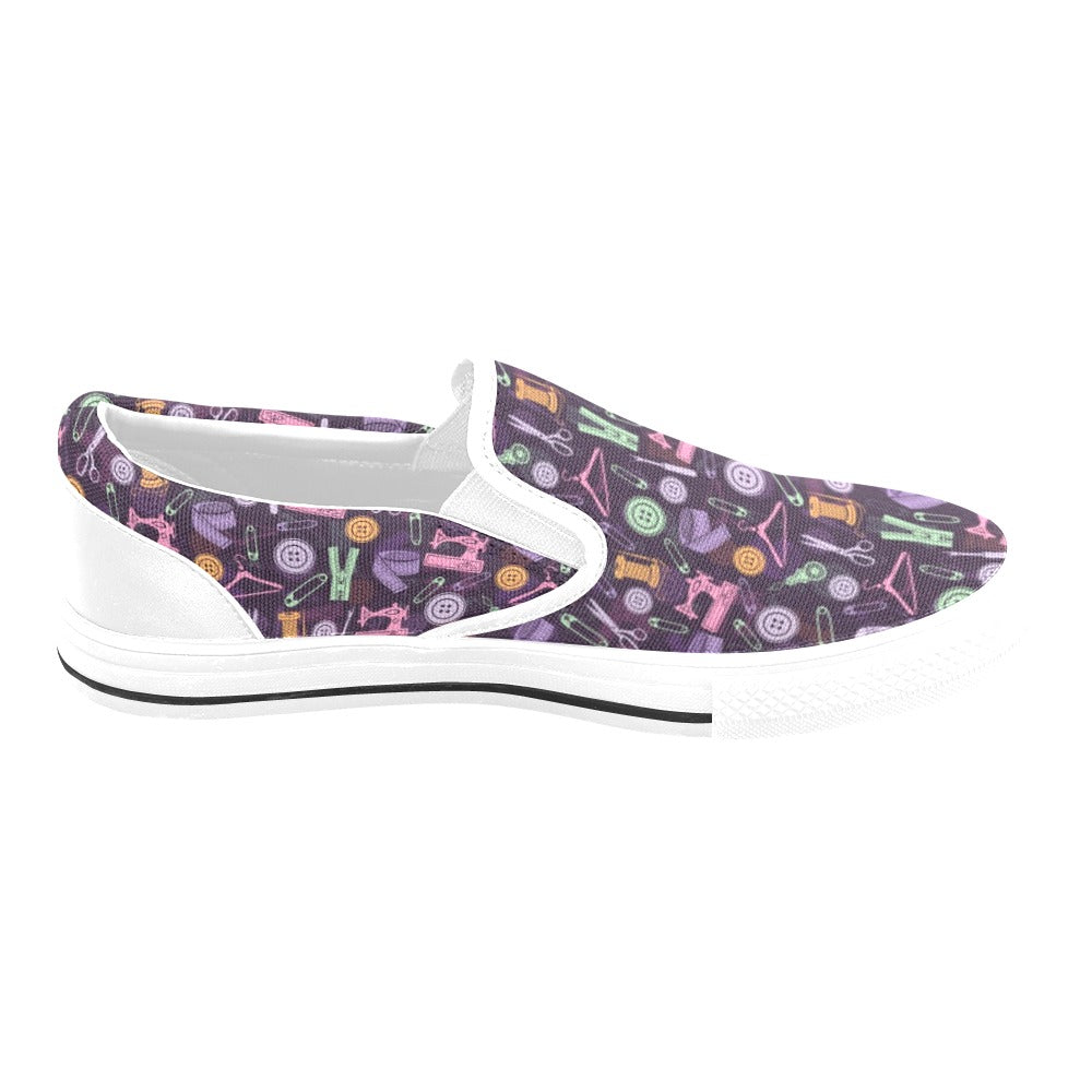Sewing Equipment Print Design LKS306 White Slip Ons Canvas Women's Shoes