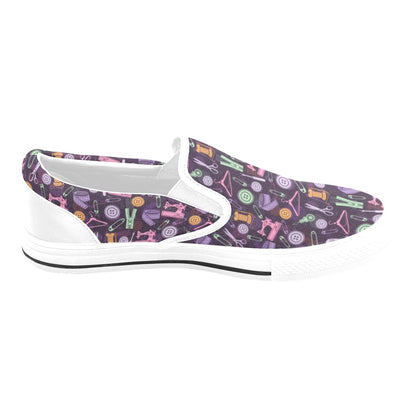 Sewing Equipment Print Design LKS306 White Slip Ons Canvas Women's Shoes