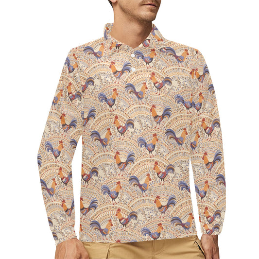 Chicken Boho Style Pattern Long Sleeve Polo Shirt For Men's