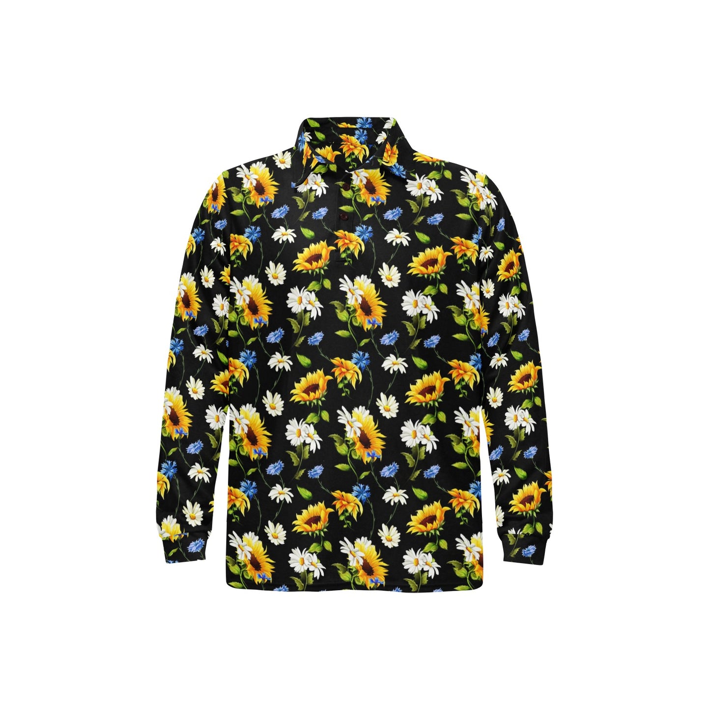 Sunflower Chamomile Bright Color Print Long Sleeve Polo Shirt For Men's