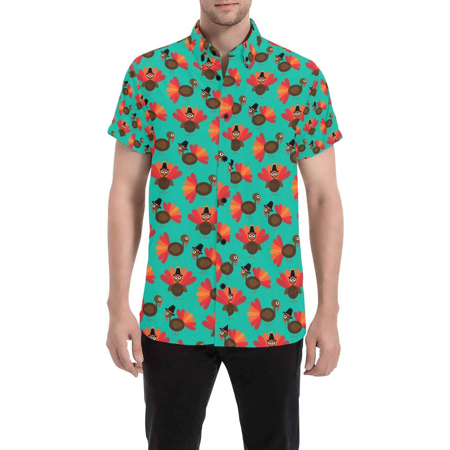 Thanksgiving Print Design LKS307 Men Short Sleeve Button Up Shirt