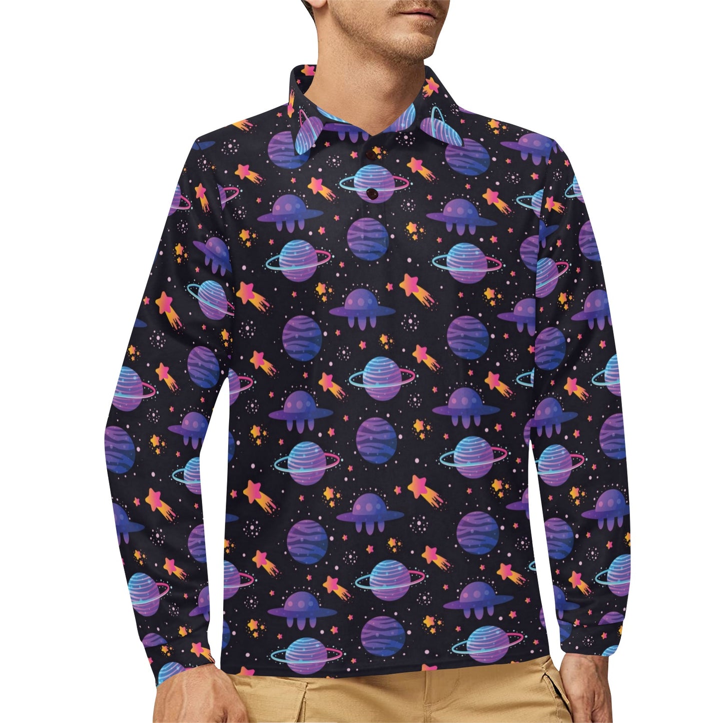 UFO Star Galaxy Print Design LKS308 Long Sleeve Polo Shirt For Men's