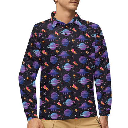 UFO Star Galaxy Print Design LKS308 Long Sleeve Polo Shirt For Men's
