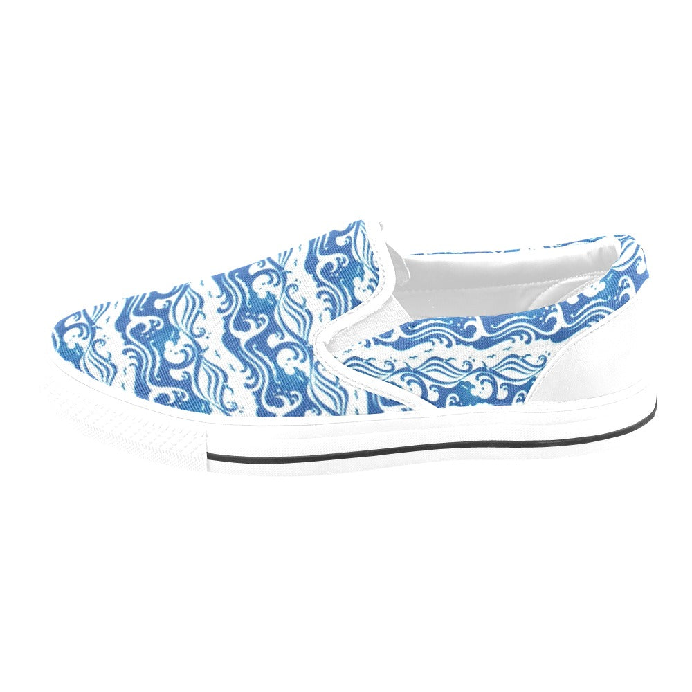 Wave Print Design LKS303 White Slip Ons Canvas Women's Shoes