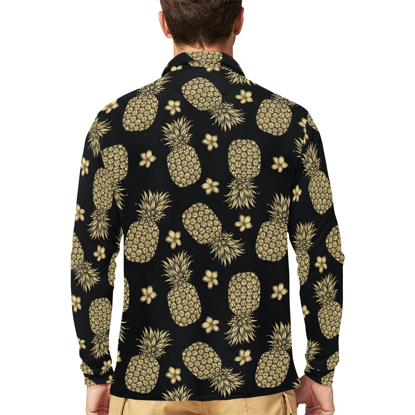 Gold Pineapple Hibiscus Long Sleeve Polo Shirt For Men's