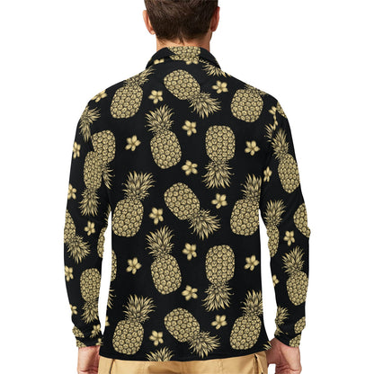 Gold Pineapple Hibiscus Long Sleeve Polo Shirt For Men's