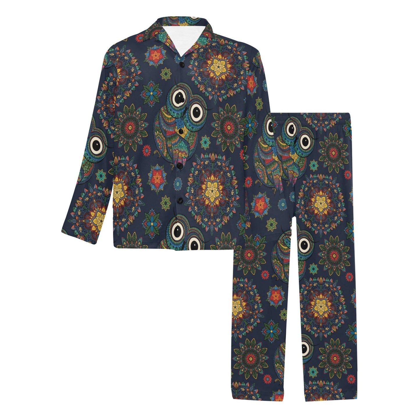 Owl Boho Style Pattern Print Design A04 Men's Long Pajama Set