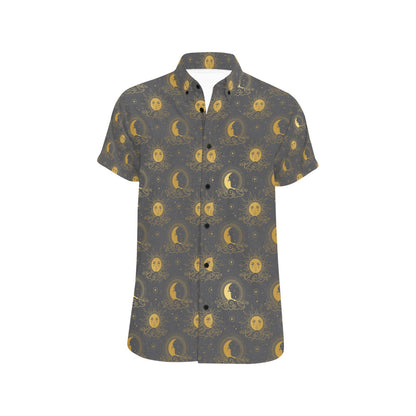 Sun Moon Print Design LKS305 Men Short Sleeve Button Up Shirt