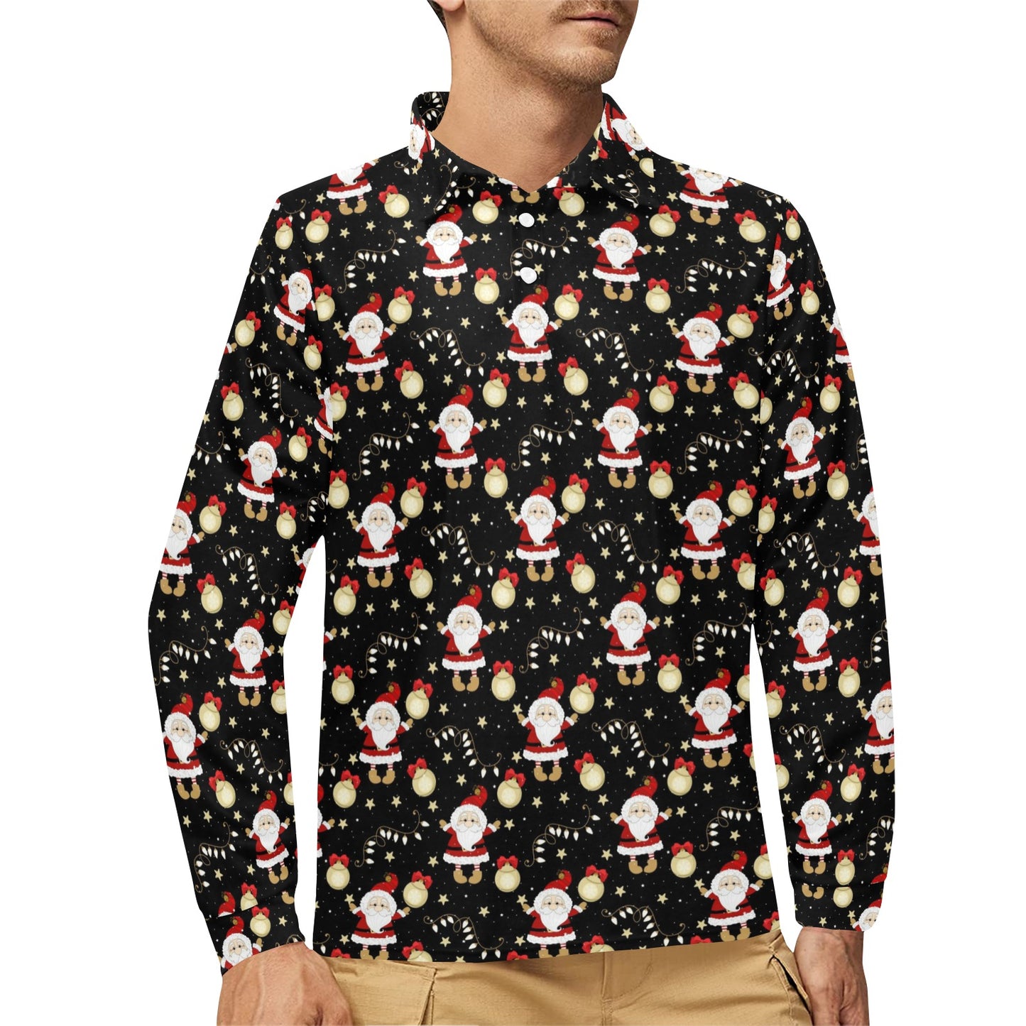 Santa Christmas Themed Print Design LKS307 Long Sleeve Polo Shirt For Men's
