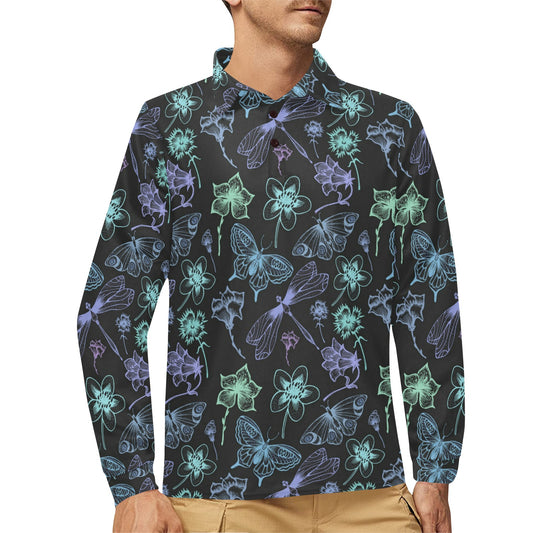 Butterfly Dragonfly Long Sleeve Polo Shirt For Men's