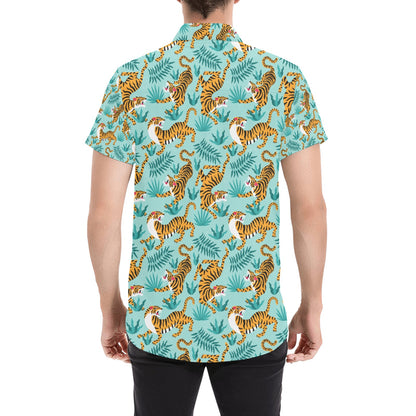 Tiger Print Design LKS304 Men Short Sleeve Button Up Shirt