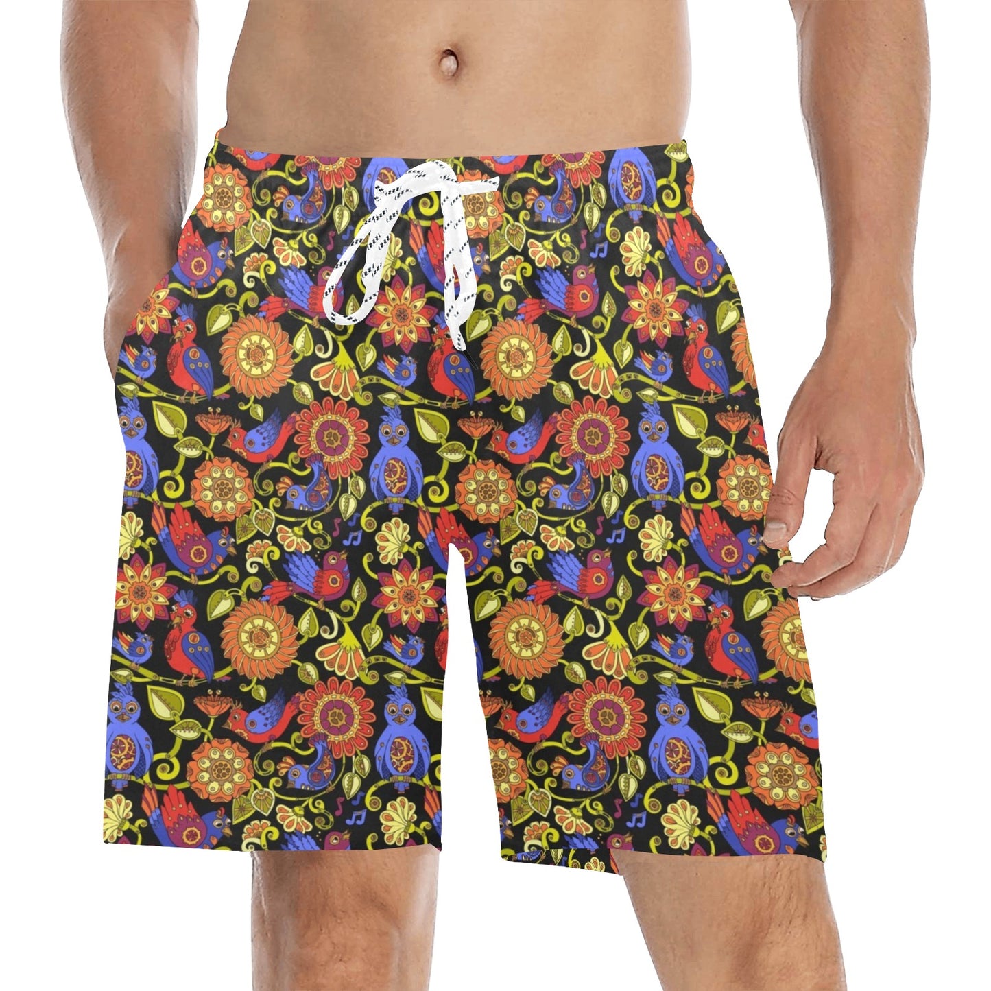 Steampunk Bird Design Themed Print Men's Swim Trunks Beach Shorts