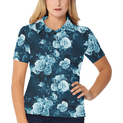 Rose Blue Pattern Print Design RO014 Women's Polo Shirt