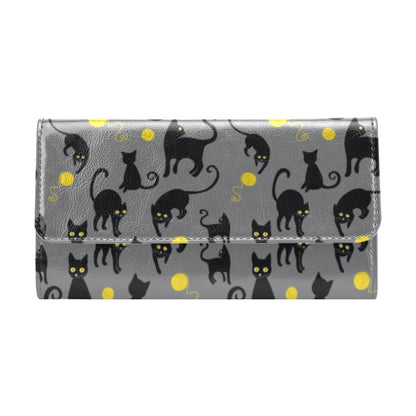 Black Cat Yellow Yarn Print Pattern Women's Trifold Wallet