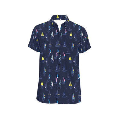 Sailboat Print Design LKS305 Men Short Sleeve Button Up Shirt