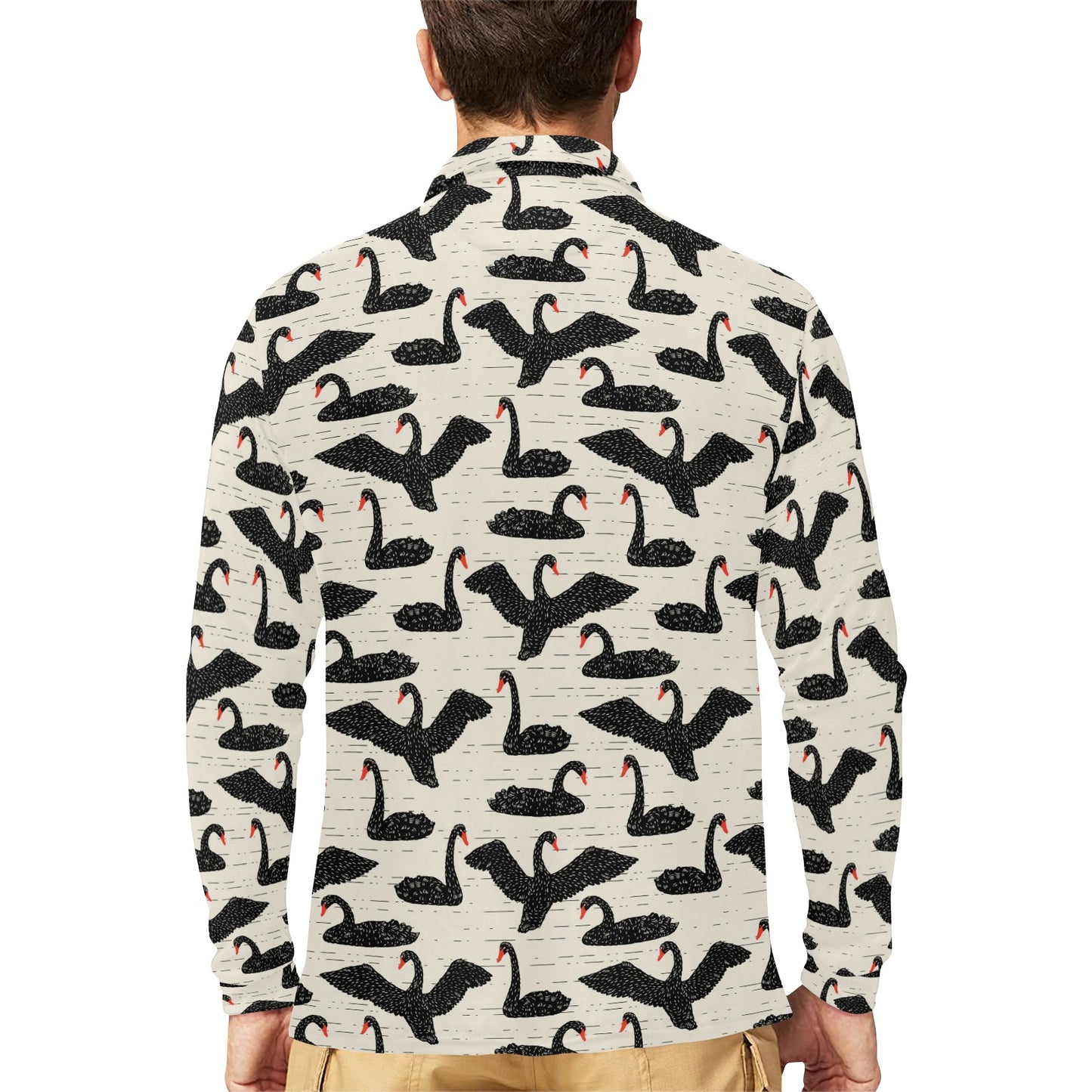 Swan Print Design LKS402 Long Sleeve Polo Shirt For Men's