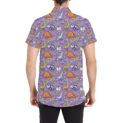 Zombie Dinosaur Print Design LKS302 Men Short Sleeve Button Up Shirt