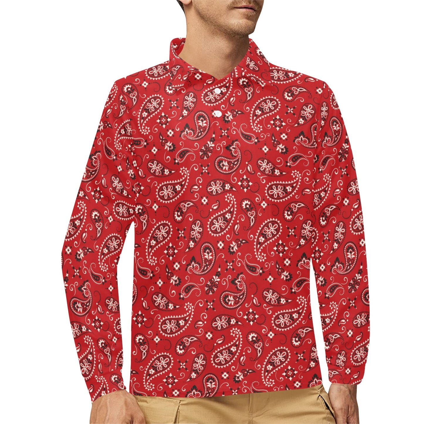 Bandana Paisley Red Print Design LKS3011 Long Sleeve Polo Shirt For Men's