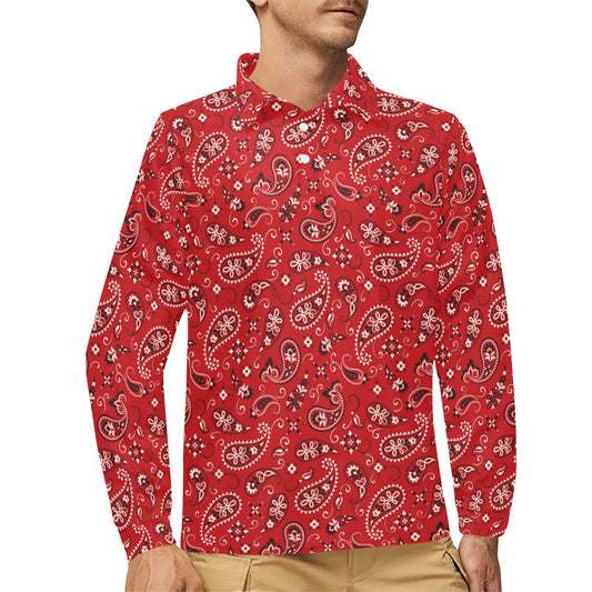 Bandana Paisley Red Print Design LKS3011 Long Sleeve Polo Shirt For Men's