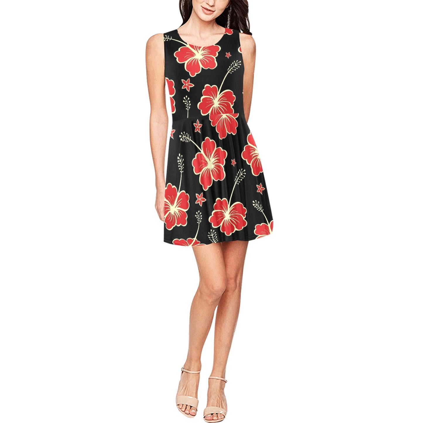 Red Hibiscus Pattern Print Design HB021 Sleeveless Dress
