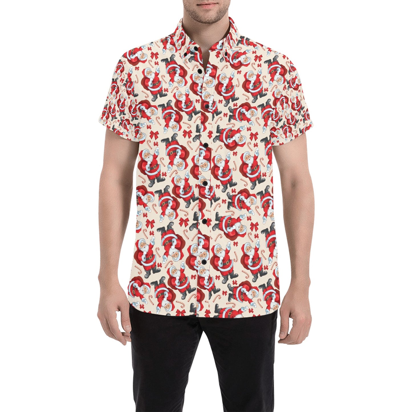Santa Christmas Themed Print Design LKS302 Men Short Sleeve Button Up Shirt