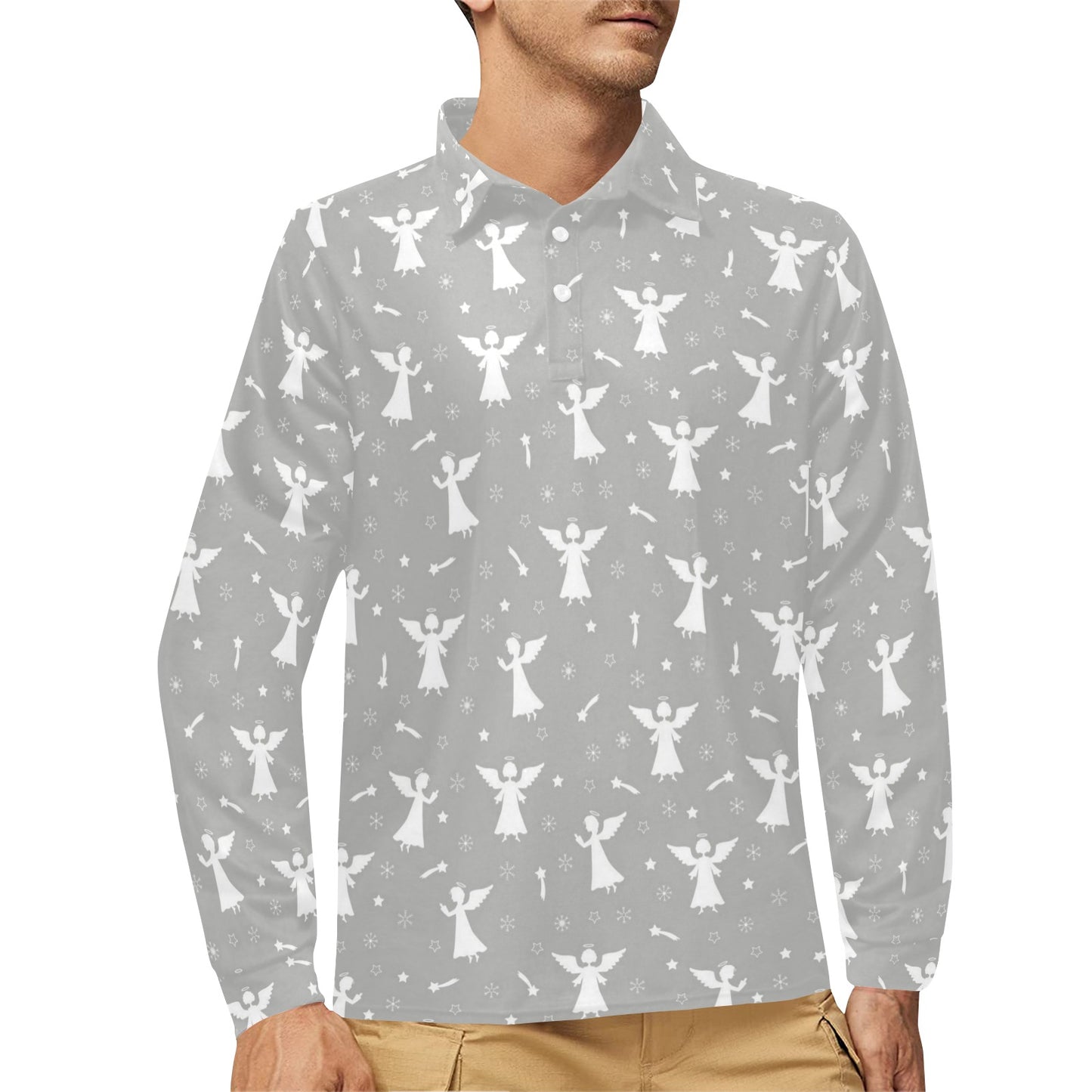 Angel Pattern Print Design 03 Long Sleeve Polo Shirt For Men's