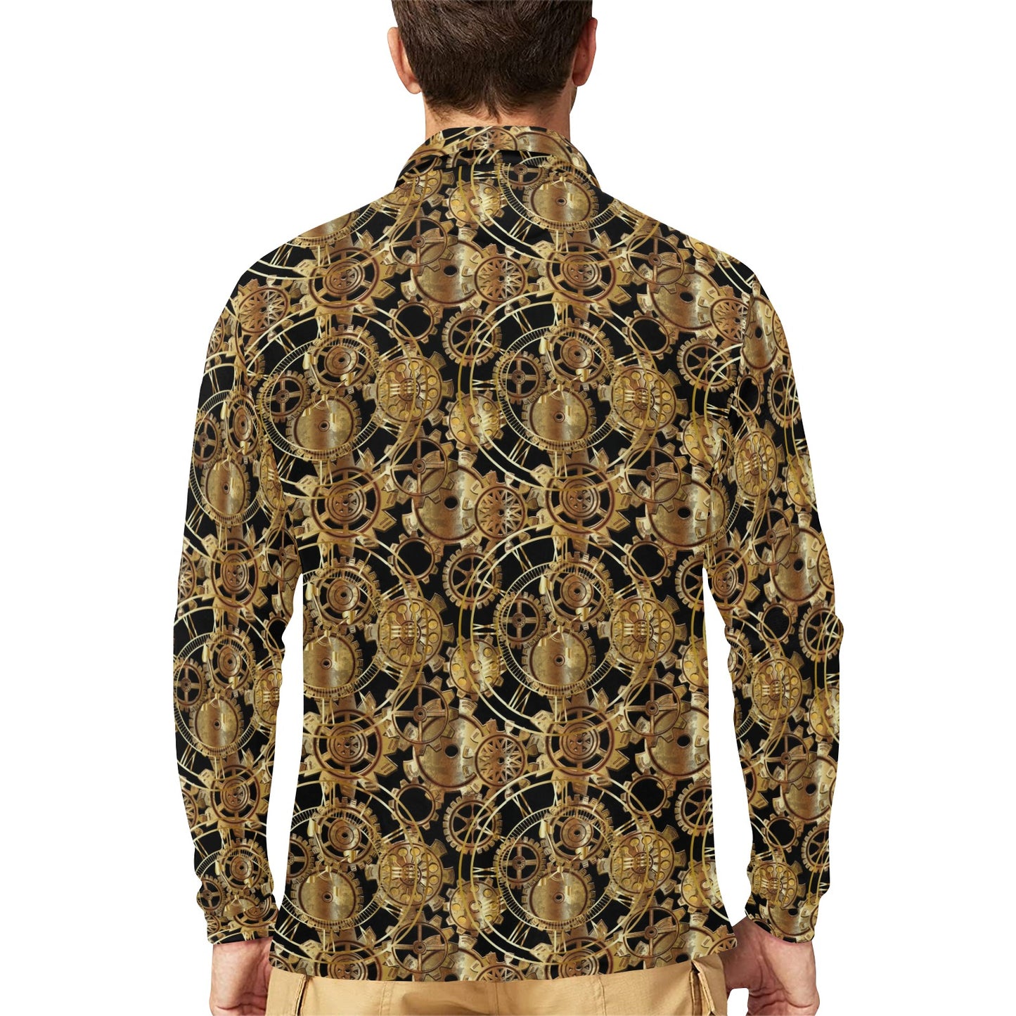 Steampunk Gear Design Themed Print Long Sleeve Polo Shirt For Men's
