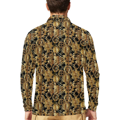 Steampunk Gear Design Themed Print Long Sleeve Polo Shirt For Men's