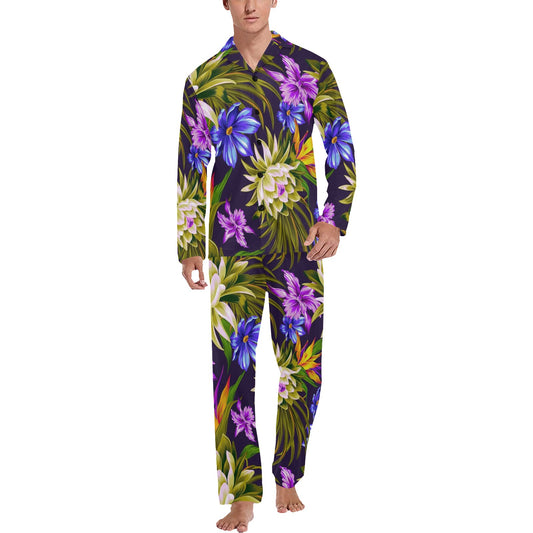 Water Lily Pattern Print Design WL08 Men's Long Pajama Set