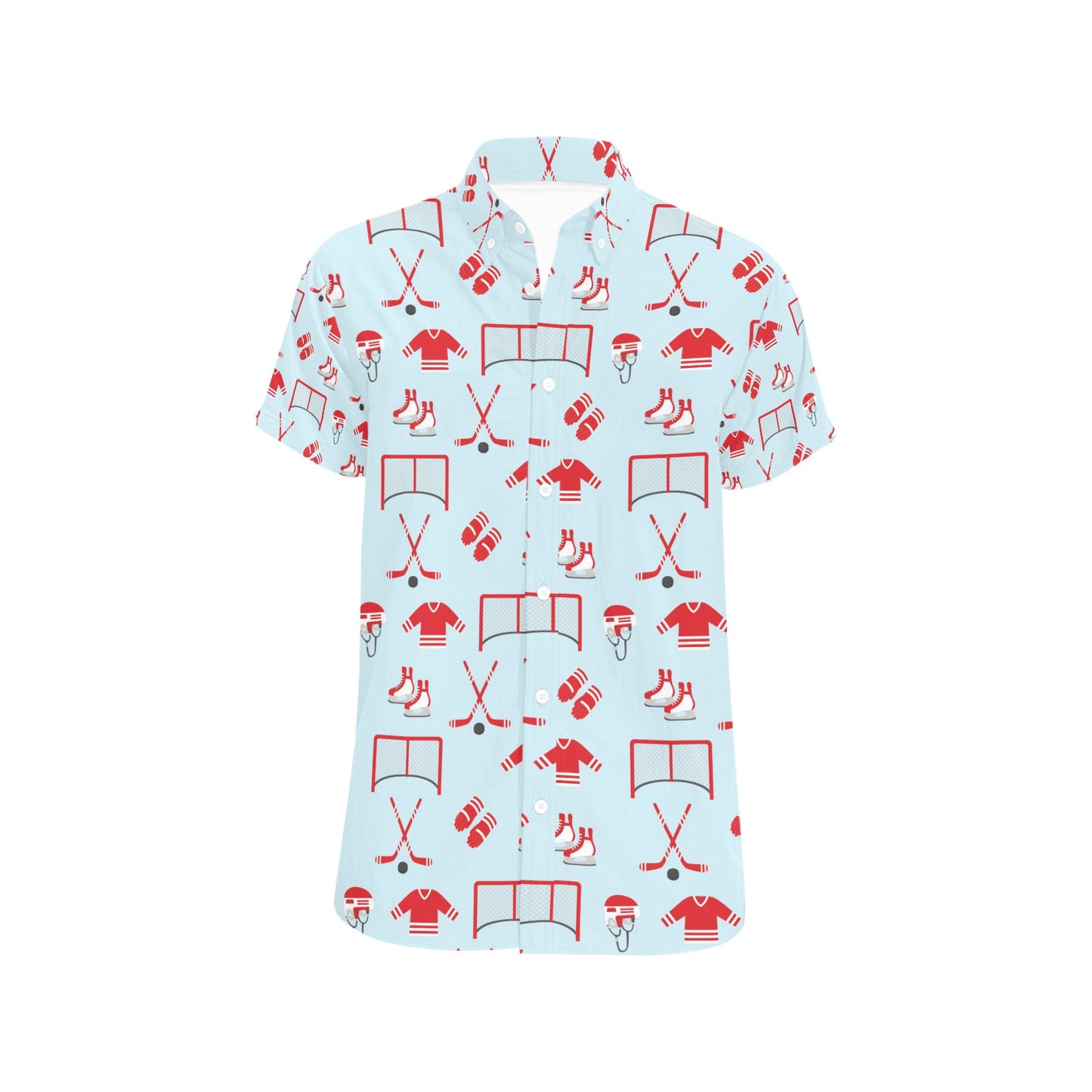 Hockey Red Equipment Print Design LKS305 Men Short Sleeve Button Up Shirt