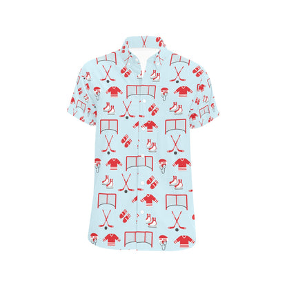 Hockey Red Equipment Print Design LKS305 Men Short Sleeve Button Up Shirt