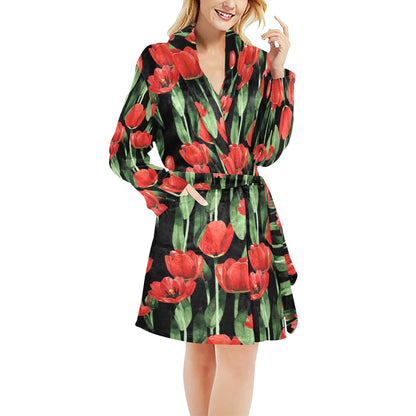Tulip Red Pattern Print Design TP03 Women's Fleece Robe