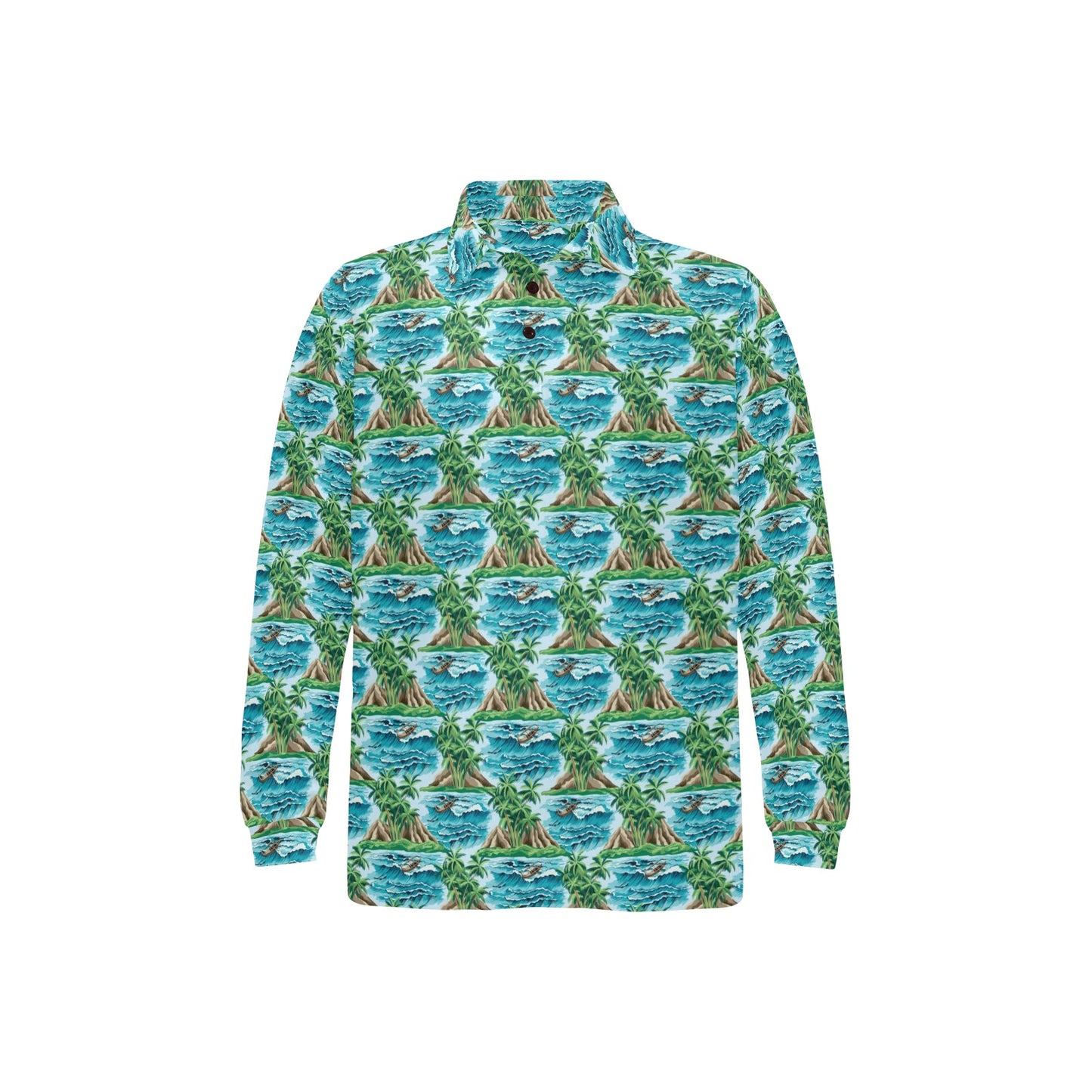 Palm Tree Hawaiian Themed Design Print Long Sleeve Polo Shirt For Men's