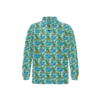 Palm Tree Hawaiian Themed Design Print Long Sleeve Polo Shirt For Men's