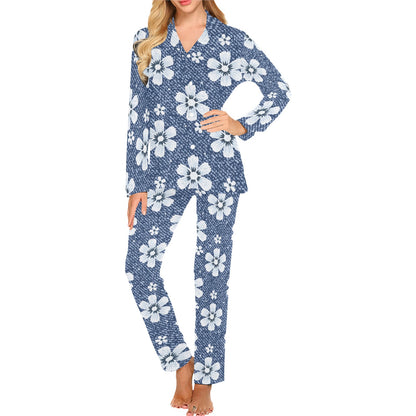 Jean Flower Pattern Print Design 03 Women's Long Pajama Set