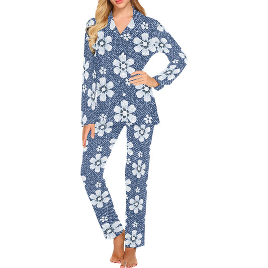 Jean Flower Pattern Print Design 03 Women's Long Pajama Set