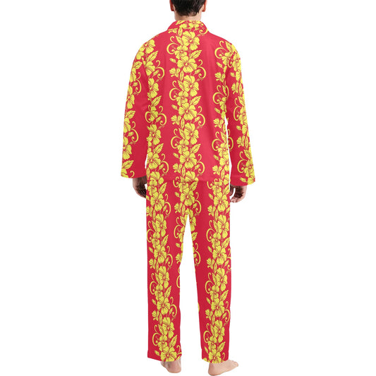 Orange Hibiscus Pattern Print Design HB018 Men's Long Pajama Set