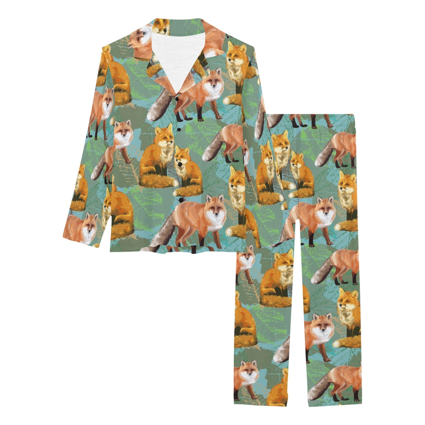 Fox Autumn leaves Themed Women's Long Pajama Set