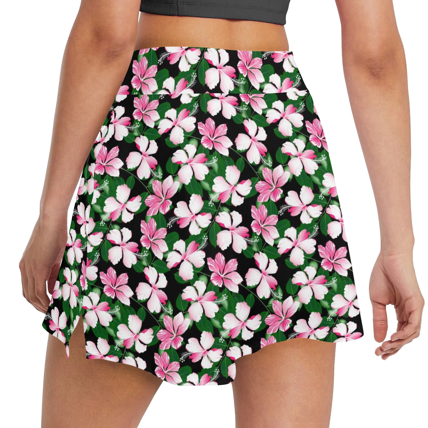 Hibiscus Pink Flower Hawaiian Print 17" Golf & Pickleball Skort with Pockets