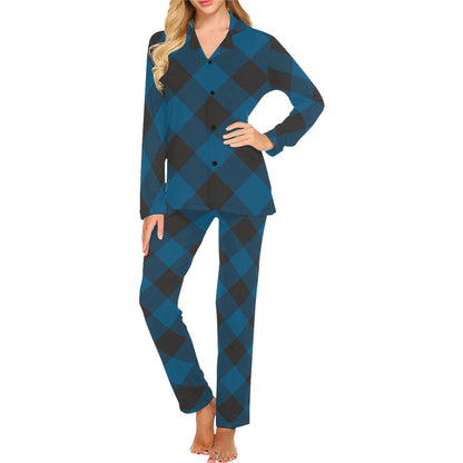 Plaid Blue Pattern Print Design A04 Women's Long Pajama Set