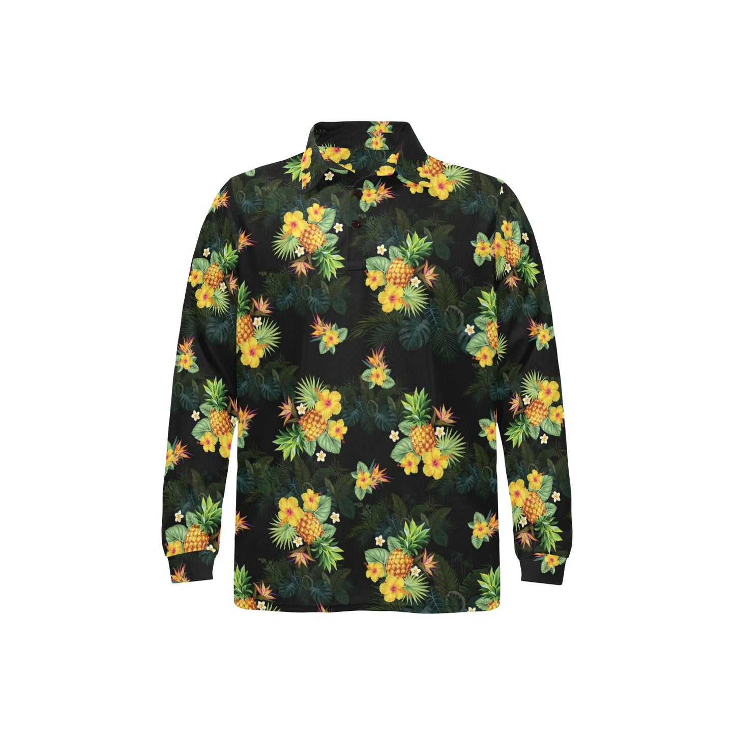 Pineapple Tropical Flower Print Pattern Long Sleeve Polo Shirt For Men's